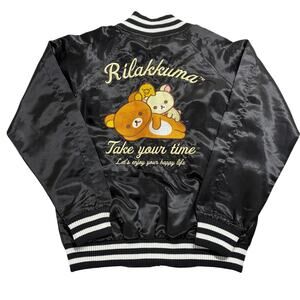 Sanrio Rilakkuma San-x Bomber Jacket Medium M Black Satin Embroidered Full Zip